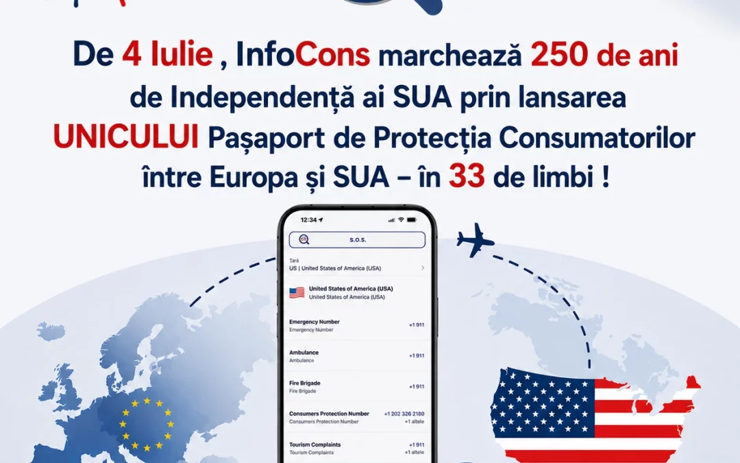 De 4 Iulie , InfoCons marchează 250 de ani de Independență ai SUA prin lansarea UNICULUI Pașaport de Protecția Consumatorilor între Europa și SUA – în 33 de limbi !