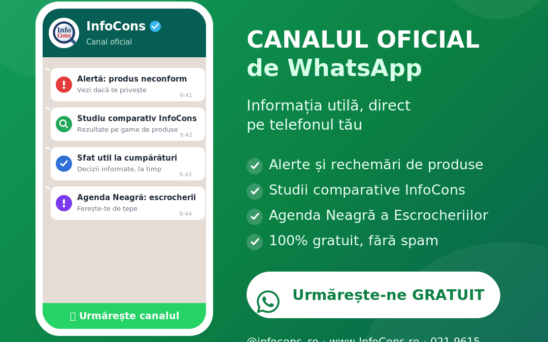 Aboneaza-te gratuit la canalul oficial WhatsApp InfoCons – unicul mijloc gratuit si transparent de informare a consumatorilor