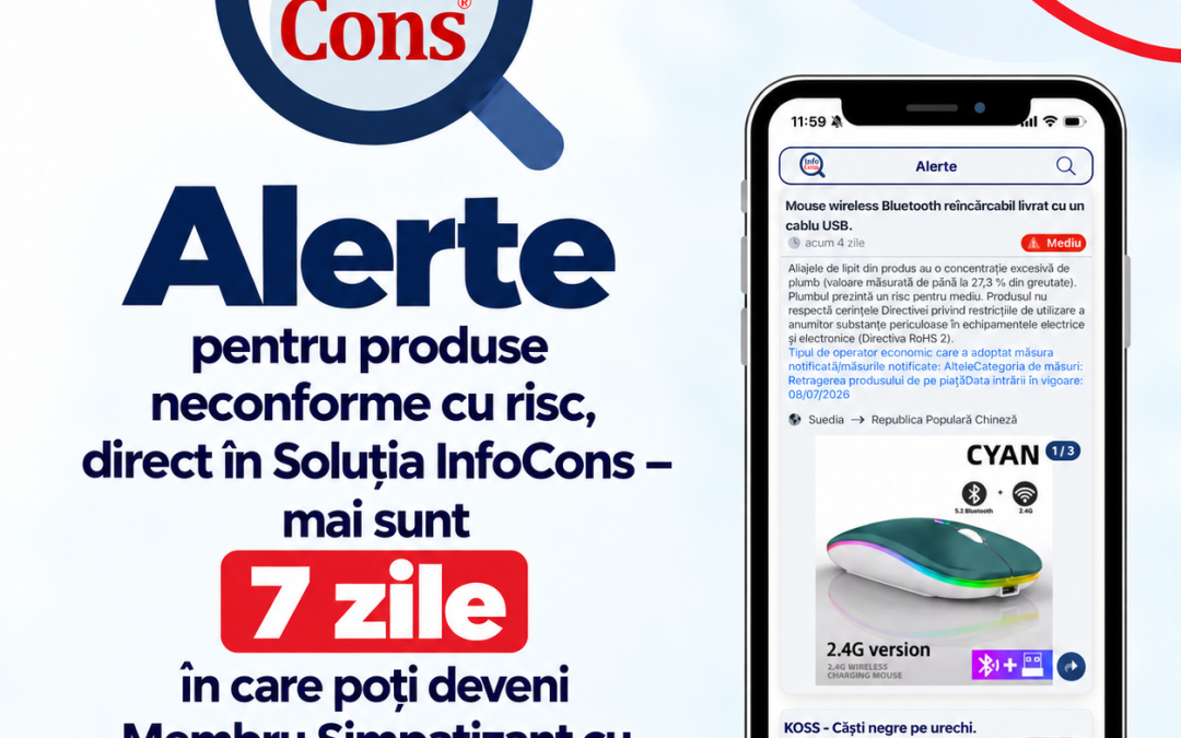 Alerte pentru produse neconforme cu risc, direct în Soluția InfoCons – mai sunt 7 zile în care poți deveni Membru Simpatizant cu 50% reducere!